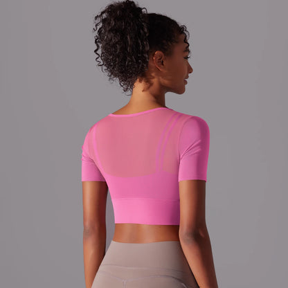 Women's Mesh Yoga Shirt Sexy Short Sleeve T-Shirt Sport Top Blouse Cover Up Quick Dry Gym Clothes Running Fitness Tank Sportwear