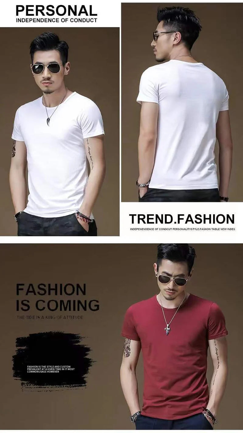 2025 Men's T Shirt Pure Color V Collar Short Sleeved Tops Tees Men T-Shirt Black Tights Man T-Shirts Fitness For Male Clothes