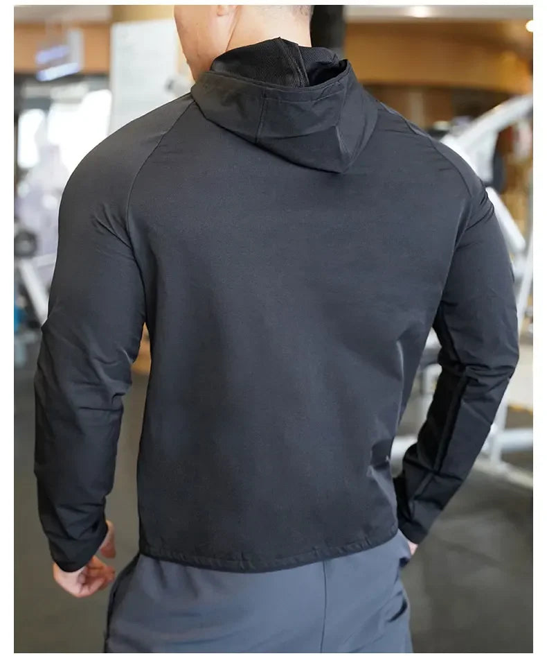 High Quality Nylon Sport Coat Mens Gym Fitness Hoodies Outdoor Workout Tops Hooded Training Running Zipped Jacket Clothes