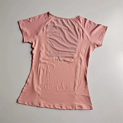 Women's sports and fitness short sleeved shirt, round neck pullover, mesh breathable quick drying yoga and fitness T-shirt