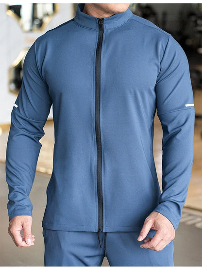 Men's Sports Fitness Casual Tops Long Sleeve Stand Up Collar Solid Colour Jacket Jogging Workout Sweatshirt with Zip Long Sleeve