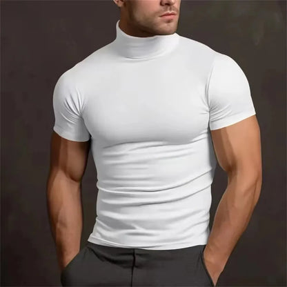 Cross-border Amazon 2024 summer solid color short-sleeved fashion bottoming shirt men's tight turtleneck T-shirt